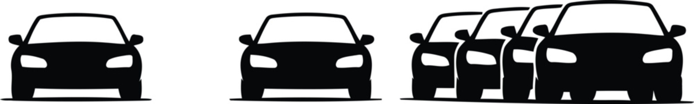 A minimalist representation of black silhouette cars showing various parking arrangements or traffic flow scenarios