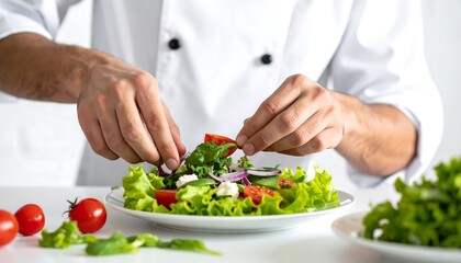 A chef delicately places toppings on a vibrant salad, focusing on fresh ingredients and careful presentation