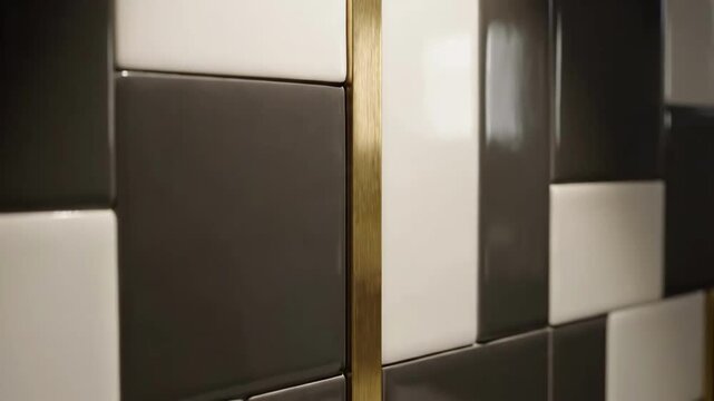 Elegant Wall With Geometric Patterns Of Tiles And Golden Dividers In Modern Style