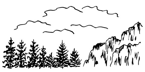 A hand-drawn vector drawing with a black outline. Wild northern nature, landscape, rocky mountains, coniferous trees, clouds in the sky. Sketch in ink.