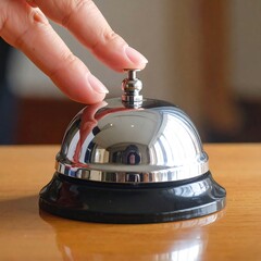 A hand presses the button on a shiny silver bell with a black base, atop a wooden table surface