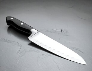 A close-up, grayscale photograph features a kitchen knife angled on a textured, grey surface with a reflective blade