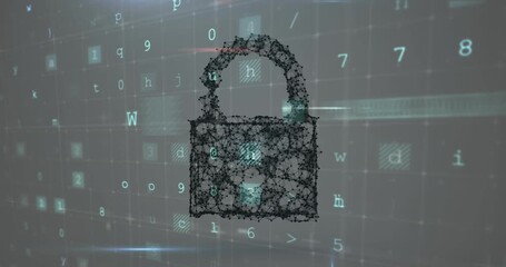 Animation of cyberattack text, data processing over security padlock - Powered by Adobe