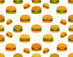 Bright seamless pattern of colorful burgers with cheese, tomato, and lettuce on white. Fun and energetic food background for branding, textiles, and digital design.