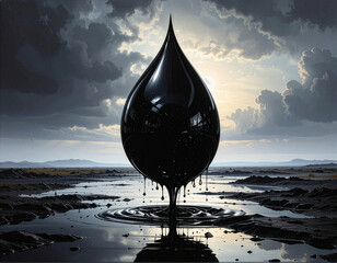 Floating black drop above water. Floating black liquid droplet dripping into reflective water under a dramatic cloudy sky. Surreal and minimalistic composition with strong symbolism and contrast.