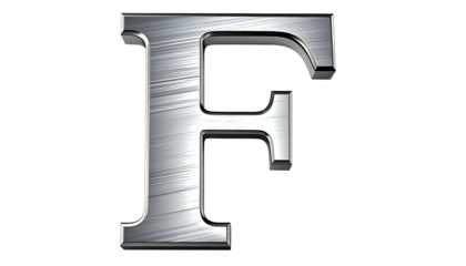 A 3D rendered, metallic letter "F" isolated against a stark black background. The letter has a brushed metal appearance