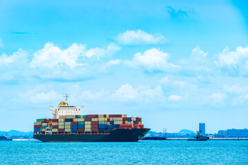 Aerial view of the freight shipping transport system cargo ship container. international transportation Export-import business, logistics, transportation industry concepts	
