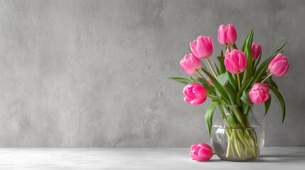 Pink tulips in a round glass vase against a grey concrete wall background, fresh spring flowers for minimalist interior design and home decor with copy space