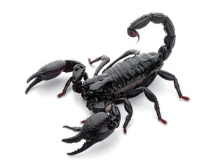 A close-up, high-angle view of a large, black arthropod with prominent pincers and a curled tail. The creature is isolated against a white background