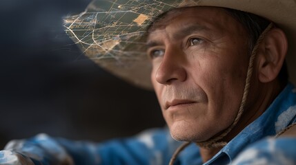 A farmer’s face double-exposed with satellite imagery and crop data overlays, symbolizing precision agriculture and data-driven food production. cinematic color correction, natural uneven lighting