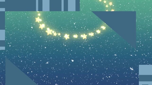 Animation of christmas decorations and snow falling over green pattern background
