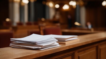 A courtroom bench after hours with papers neatly stacked and lights dimmed, symbolizing the ongoing responsibility and unseen work behind judicial rulings. cinematic color correction, natural