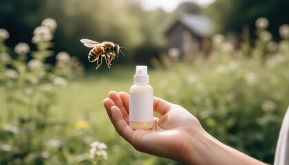 A person holding an anti‑allergy cream outdoors with a bee flying nearby, illustrating summer skincare, insect‑bite prevention, and natural protection in a garden setting.