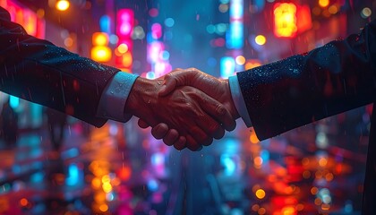 A handshake between two people in suits against a vibrant, blurred urban cityscape at night