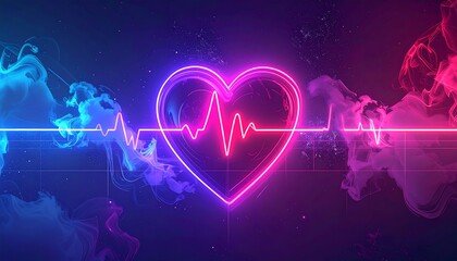 A vibrant neon heart outline with a vital heartbeat line, set against swirling pink and blue smoke