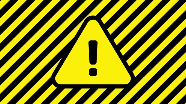 黄色と黒の警告色の斜めなストライプ背景に三角形のビックリマークついた、危険やエラーを警告するループアニメーション素材