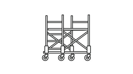 A black and white line drawing of a rolling scaffolding tower with wheels, suitable for construction or industrial use