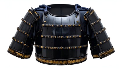 Japanese samurai armor, black and gold, isolated on white background