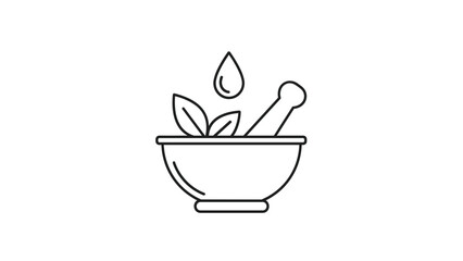 A line art illustration of a mortar and pestle with leaves and a drop, representing herbal medicine or natural remedies