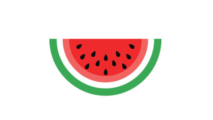 A simple graphic illustration of a slice of watermelon with green rind and red flesh with black seeds