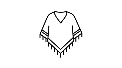 A black and white outline drawing of a poncho with fringe details, a traditional garment for warmth and style