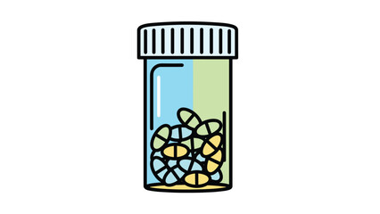 A stylized illustration of a prescription bottle filled with various colorful pills and capsules, representing medication