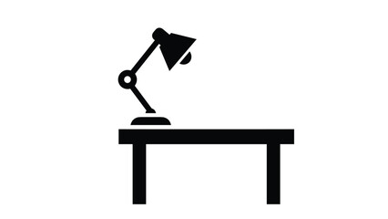 A black silhouette icon of a desk lamp positioned on top of a simple desk, representing lighting or a workspace
