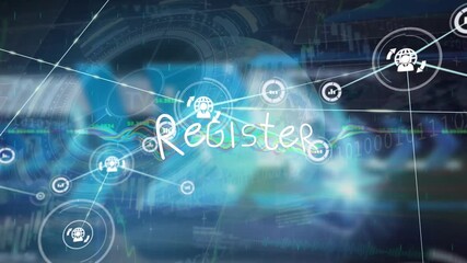 Animation of network of connections over register text - Powered by Adobe