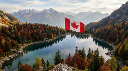 A Canadian flag stands proudly by a crystal-clear mountain lake surrounded by colorful autumn forests and dramatic peaks, symbolizing national pride, nature, and scenic wilderness.