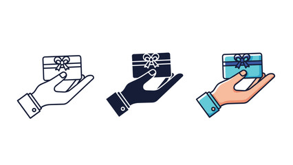 Three variations of a hand holding a gift box with a ribbon bow, illustrating giving or receiving a present