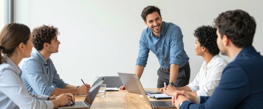 Smiling Team Meeting Around Laptop at Office Table