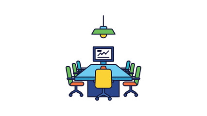 A colorful illustration of a modern conference room with a large table, chairs, and a computer screen showing a chart