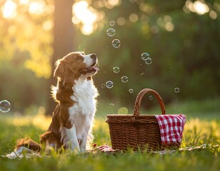 A happy brown-and-white dog sits on a blanket in a field with a picnic basket, surrounded by bubbles