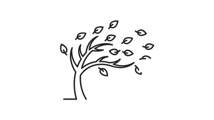 A black and white line drawing of a tree with leaves being blown away by the wind, symbolizing autumn, weather, or change