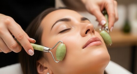 Woman receives facial treatment with jade rollers in a spa setting in the afternoon