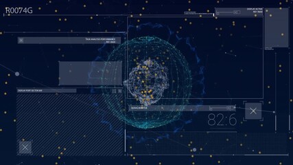 Animation of interface with data processing over yellow spots and globe of network of connection - Powered by Adobe