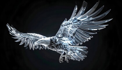 A crystalline eagle soars against a black background