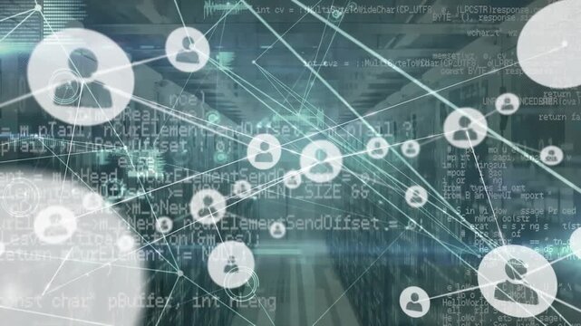 Animation of connected icons, programming language, graph icon, lens flare over server room