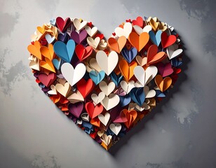 A heart made of folded paper hearts in various colors on a textured gray backdrop