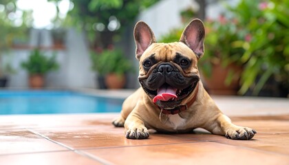 A happy, tan French Bulldog lies on brown tiles with its tongue out, pool and plants softly blurred behind it