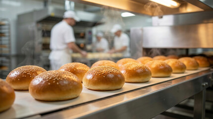 Freshly baked bread rolls lined on a conveyor belt in a commercial bakery, with professional bakers working in the background of an industrial kitchen.