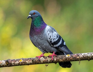 A vibrant pigeon perches on a weathered branch, showcasing iridescent feathers against a blurred verdant background