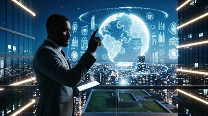 Businessman studies holographic globe with tablet in office at night. Man analyzes digital globe interface with data. Businessman with hologram globe reviews data. Night city view with globe hologram. - Powered by Adobe