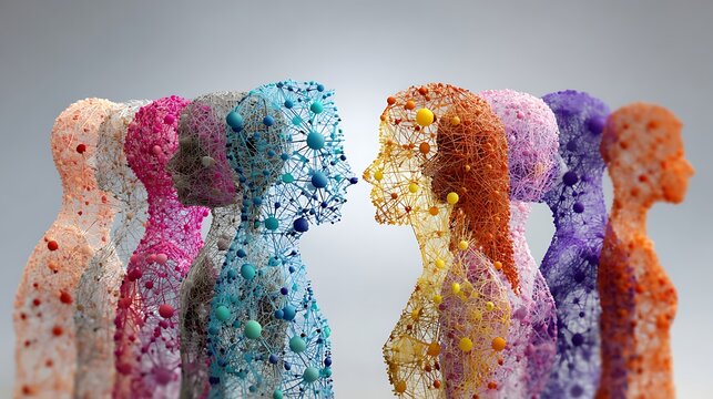 Colorful wireframe human heads connected in psychology concept with vibrant abstract paint splashes and emotional expression