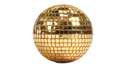 A shiny golden disco ball mirror sphere reflects glittering light for a retro dance party and nightclub celebration