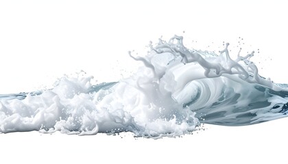 A dynamic view of a crashing wave, captured in detail against white