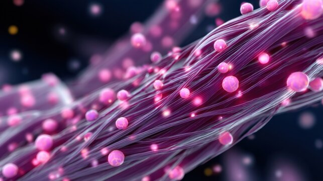 Medical illustration showing scattered pink trigger points on muscle fibers emphasizing areas of fibromyalgia pain sensitivity.