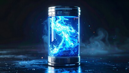 Cylindrical container holds glowing blue energy within, dark background