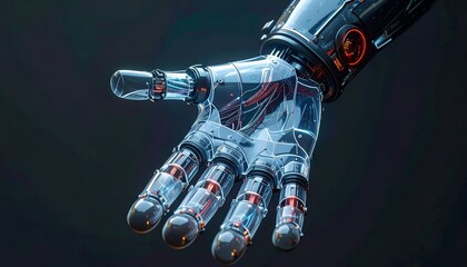 Transparent robotic hand with intricate internal wiring and details