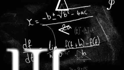 Animation of mathematical equations and symbols floating against black chalkboard background - Powered by Adobe
